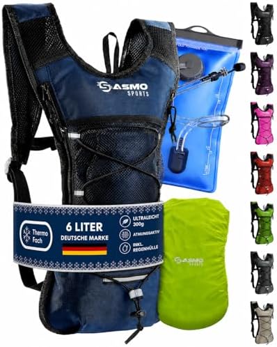 Trinkrucksack Laufen 6L, Ultraleicht 300g mit Thermofach (blau) - SASMO | Laufrucksack mit 2L Trinkblase inkl., BPA-frei, für Fahrrad & Wandern, isoliert kühlt länger, reflektieren