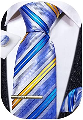 Barry.Wang Men Tie Set Stripe Plaid Paisley Woven Silk 4PCS Wedding Party Casual Business Working Necktie