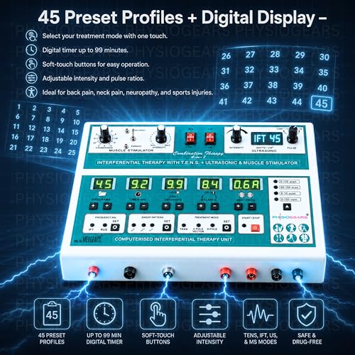 Image of Physiogears Combo 4-in-1 Physiotherapy Equipment | Ultrasound + IFT 45 Programs + TENS + MS Muscle Stimulator | Digital Pain Relief Therapy Machine with Electrode Pads