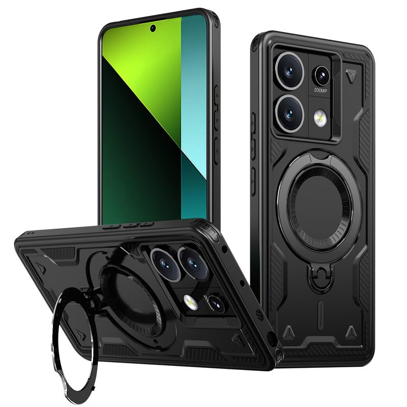 Bumper Armor Shockpoof Case Compatible with Mi Redmi Note 13 5G, Magnetic Attraction Ring Holder Phone Cover and 360° Protection Rotate Stand Case Cover for Mi Redmi Note 13 5G – Black