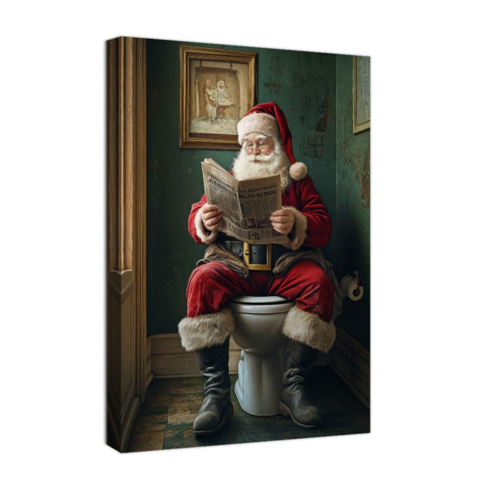 ZXHYWYM Santa Claus Wall Art Christmas Wall Decor Funny Bathroom Toilet Pictures Canvas Santa Bathroom Art Prints Santa on Toilet Poster Framed (Red, (70.00 x 105.00 cms))