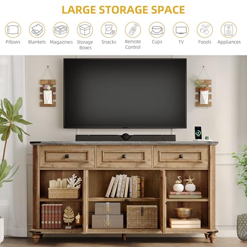 DWVO Farmhouse TV Stand for 65 Inch TV, 31.5" Tall Entertainment Center w/3 Drawers & Shutter Doors, Rustic Media Console Cabinet w/Storage Shelves, Wood Television Stand for Living Room, Rustic Brown