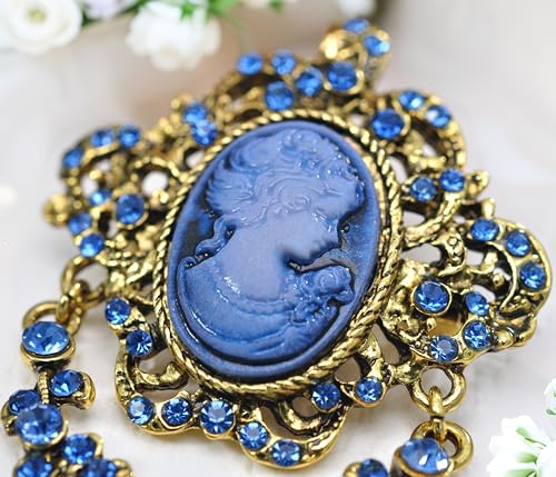 Image of Gyn&Joy Antique Blue Rhinestones Cameo Brooch Pin