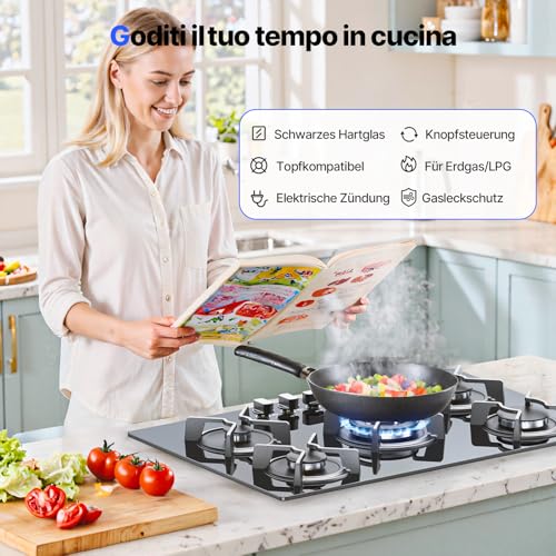 WEHIMO Gaskochfeld 5 Flammig, Gasherd 77cm, Glas Einbau-Gaskochfeld Dicke 8 mm, Schwarz Gaskochfeld mit Automatischem Flammenschutz, Gas Stove für Erdgas oder LPG, 10500W, 127-240V – Bild 4