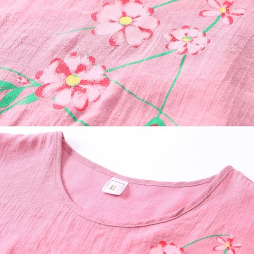 Image of FindThy Women's 2 Piece Linen Outfits Short Sleeve Floral Print Lounge Sets Crewneck Summer Suits