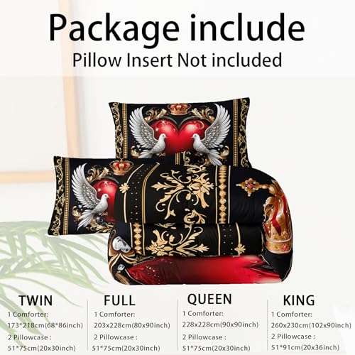 Image of Red Heart Comforter Set Queen Size for Women Girls,Love Pattern Bedding Set 3 Pieces,Crown Love Heart Bird Print Black Paisley Bedding Set,Boho Quilt Set with 2 Pillowcases