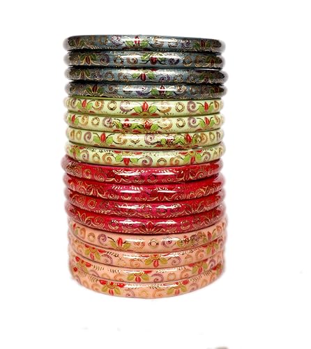 Image of Swara Creations Red Green Mehrun Yellow Bangles for Women /Digital Prints Bangles /Light Shiny Prints /Glass Bangles (16Pcs)(SKU270)