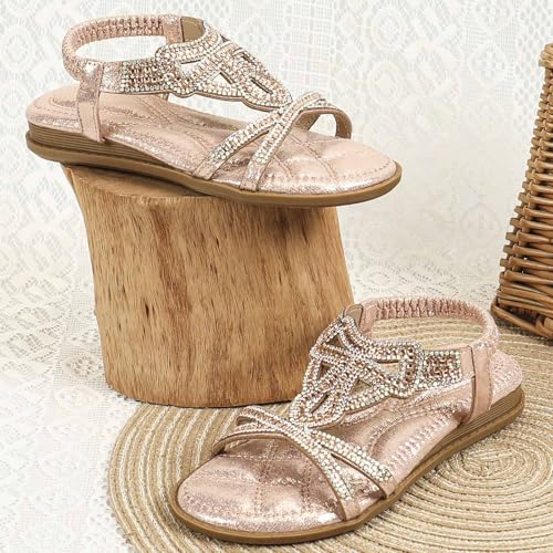 Girls Bohemian Rhinestone Sandals Kids Summer Beach Wedding Crystal Open Toe Flats Sandal with Elastic Ankle Strap4