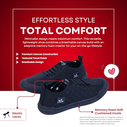 Image of Men's Black Canvas Sneakers - Stylish Casual Shoes with Non Tie Elastic Laces | 7mm Memory Foam & EVA Insole | Lightweight & Comfortable Everyday Footwear (Sizes 6-10)