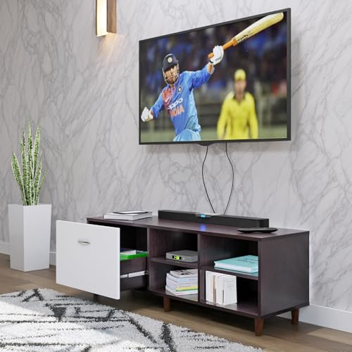 Image of VIKI Modern TV Unit for Living Room | Engineered Wood TV Cabinet with 1 Drawer Storage & 2 Open Shelves, Entertainment Unit, 140W x 48H x 40D cm | DIY | 1 Year Warranty (Wenge & White)