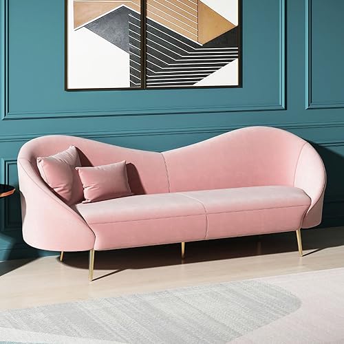 Image of Rosewood Luxury Sofa in Premium Velvet-Fabric | Solid Wood Structure | High Density Foam | Sturdy Golden Legs | Comfortable & Stylish Couch for Modern Living Room (Blush Pink, 3 Seater)