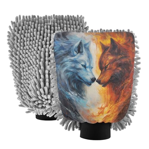 ALAZA Ice Wolf & Fire Wolf Car Wash Mitt Scratch Free, 2 Pack Absorbent Microfiber/Chenille Washing & Drying Mitts, L