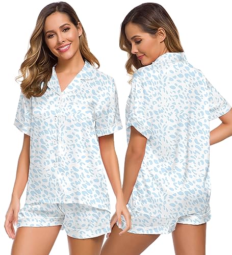 Image of SWOMOG Women Pajamas Set Silk Satin Short Sleeve Sleepwear Button Down Loungewear Pjs