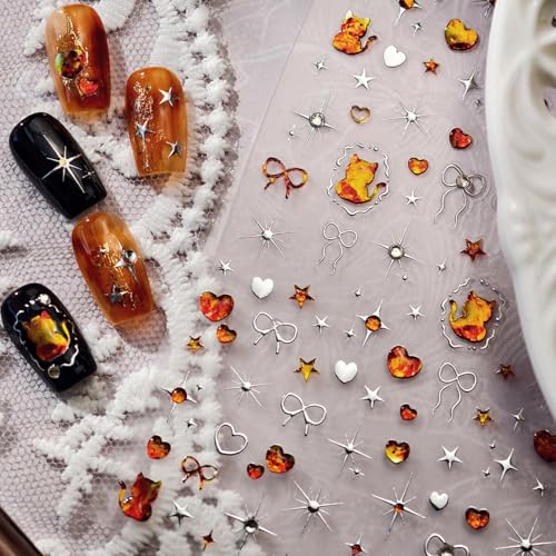 Image of Cat Nail Stickers Decals Bow Nail Art Stickers with Jelly Design Orange Color Nail Decals for Nails Art 5D Embossed Self Adhesive Star Heat Nails Sticker for Women Girls Kid Manicure Charms Decoration