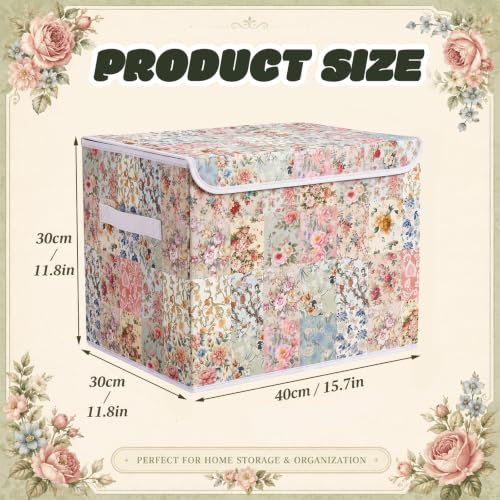 Image of Briwooody Vintage Floral Storage Bin with Lid and Carrying Handle Retro Flower Foldable Storage Box Large Farmhouse Decorative Collapsible Container Basket for Organizing Closet Home Bedroom Gift