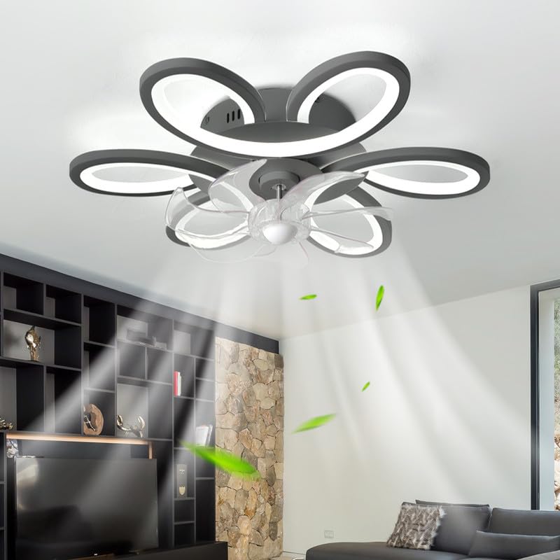 LED Deckenventilator Mit Beleuchtung Leise Dimmbar Blume Lampe Mit Ventilator FüR Schlafzimmer Fernbedienung Reversibel Deckenlampe Mit Ventilator Smart Modern 65cm FüR Wohnzimmer, KüChe, Schwarz