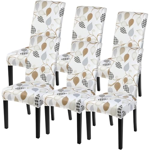 Image of SearchI Dining Room Chair Covers Set of 6, Stretch Printed Floral Parsons Chair Slipcovers Removable Washable Kitchen Chair Protector Cover for Dining Room, Hotel, Ceremony (Checked Leaf Pattern)