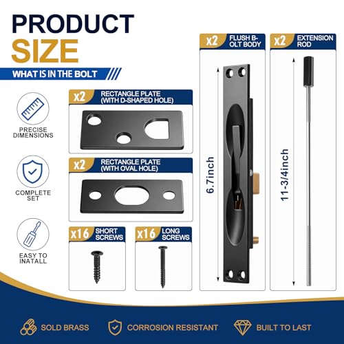 Image of Blulu 2 Pcs Solid Brass Extension Flush Bolt with Rod 11-3 /4 Inch, 1 inch W x 6-3 /4 inch H Flush Bolt for Metal Hollow Doors & Wood Doors, Black