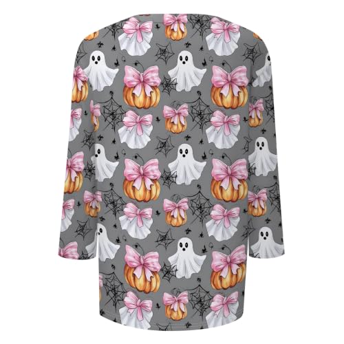 Image of Women Spooky Halloween Graphic Shirt 3 /4 Length Sleeve Crewneck Top | Halloween Funny Printed Pumpkin Plus Size Tshirts 2026 Fall Outfits Skeleton Tee Going Out Tops