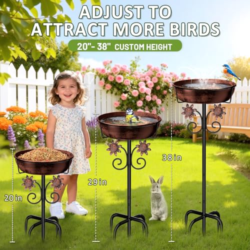 Image of 3 inch Deep Metal Bird Bath for Outside, Removable 12 inch Dia Vintage Bird Baths Bowl for Outdoors with Stable 5-Prong Stake, 37 inch H Freestanding Birdbath for Garden Patio Yard Lawn (Brush Bronze)
