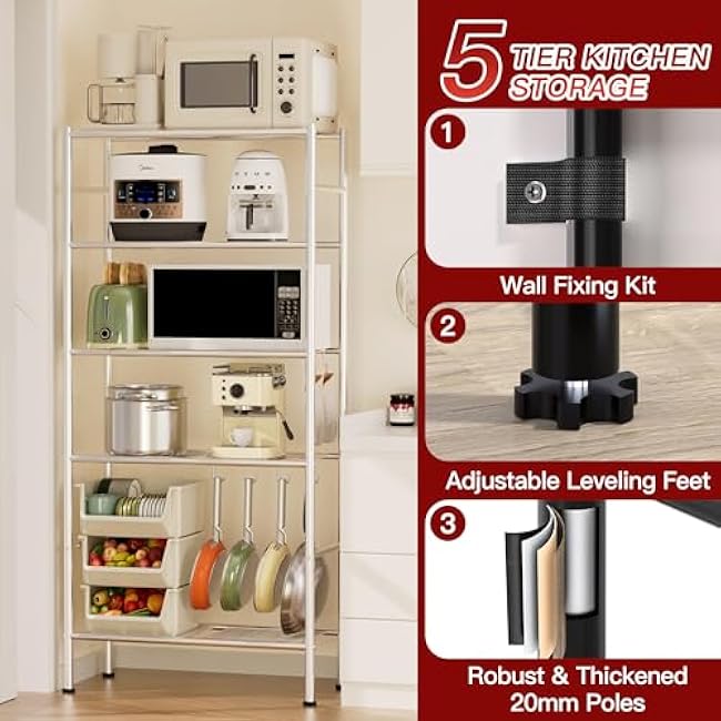 Kitchen Storage Cart, 5 Tier Microwave Cart Stand, Bathroom Organizers and Storage, Shelf Rack Organizer, Coffee Bar Cart Black for Living Room Office, Silver(No Hooks-igsF8mbh