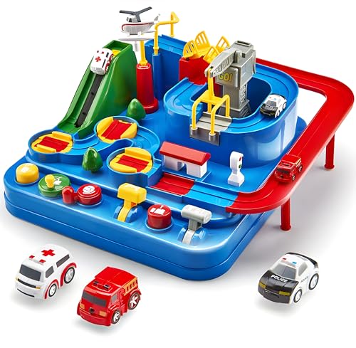 Image of Cable World Montessori Car Adventure Track Toy for Kids with 4 Mini Cars & 6 Control Buttons | Interactive Vehicle Track Set with Helicopter, Bridge & Parking Challenges |Fine Motor Skill Toy for Kids