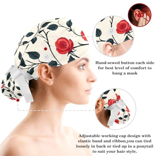 Image of Red Blooming Rose Flowers Black Working Cap with Scrunchy and Ribbon Tie for Women, Long Hair