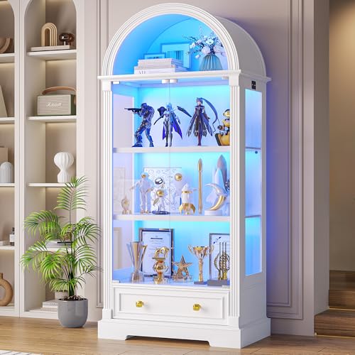 Arched Display Cabinet with Glass Doors, 72' Tall Curio Cabinet with Human Sensor Lights, 4-Tier...