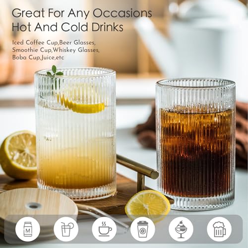 Insetlan Set Of 8 Ribbed Glassware - 4 Large Glasses 17 Oz, 4 Rocks Glass Cups 10 Oz, Vintage Glassware Cocktail Glasses, Ideal For Beer, Juice, Water, Ice Coffee Cup, Whiskey, Mixed Drinkware thumb #5