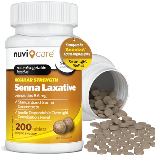 NUVICARE Senna Laxative Tablets 8.6 mg Natural Senna Leaf Laxative for Occasional Constipation Relief Compare to Senokot Gentle Vegetable Laxatives 200 Count