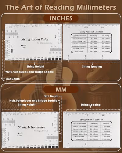 Image of String Action Gauge Ruler, Professional Guitar Setup Tool with Dual mm & 1 /64 inch Scales - for Electric, Acoustic, Bass Guitars - Includes Measurement Chart & Protective Sleeve - Print Silver Edition