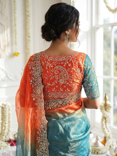 Image of SIRIL Women's Shimmer Chiffon Scalloped Border Sequins Embroidery Saree With Unstitched Blouse Piece