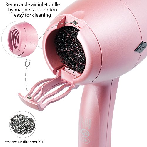 Nition Negative Ions Ceramic Hair Dryer With Diffuser Attachment,Ionic Blow Dryer Quick Drying,1875 Watt 2 Speed / 3 Heat Settings,Cool Shot Button,Lightweight,Rose Pink #TOP4