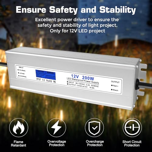 Image of LED Driver 200 Watts, IP67 Waterproof 12V Power Supply, AC 90-140V to DC 12V 16.67A Low Voltage Transformer with 3-Prong Plug 3.28ft Cable for LED Lights, Computer Project, Outdoor Use