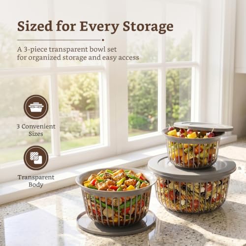 Image of Amazon Brand - Solimo Plastic Linea Storage Containers with Lid Food Grade Set of 3 (1.3L, 2.3L & 3.8L) | Stackable Kitchen Storage Bowls, BPA-Free, Multipurpose Containers (Grey)