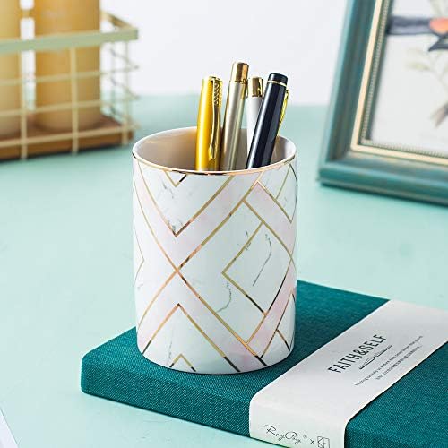 YOSCO Ceramic Round Pen Holder Stand Golden Line Pencil Cup Pot Desk Organizer Makeup Brush Holder (Pink-Square)