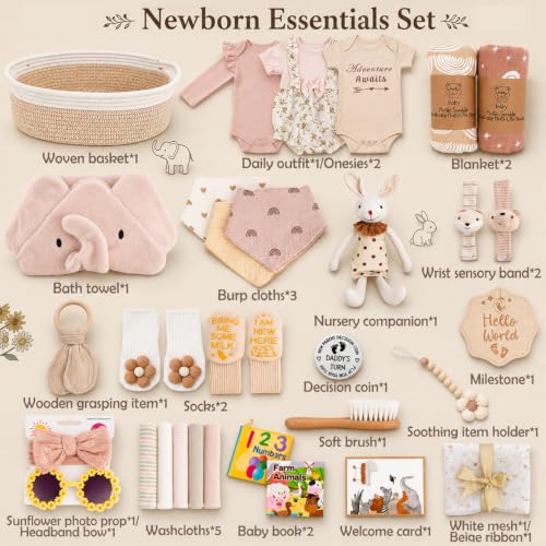 Image of Ultimate Baby Girl Gift Basket, Aesthetic Boho Chic Newborn Essentials, Premium All-in-One Baby Shower Gifts for Expecting Moms with Floral Skirt, Swaddle, Diaper Caddy Organizer