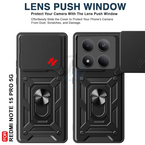 Image of AESTMO Tough Armor Redmi Note 15 Pro 5G Bumper Back Case Cover | Ring Holder & Sliding Camera Shield Cover | 360 Degree Protection Back Case Cover for Redmi Note 15 Pro 5G (Black)