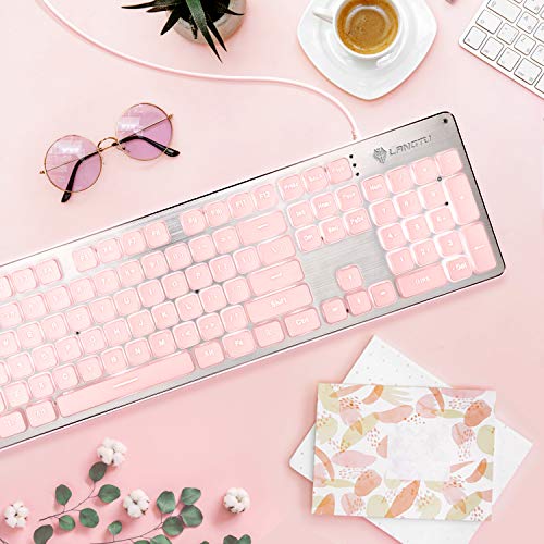 Langtu Computer Keyboard, Backlit Led Pink Keyboard For Office, All-Metal Panel Usb Wired Membrane Keyboard, 25 Keys Anti-Ghosting Laptop Keyboard 104 Keys #TOP1