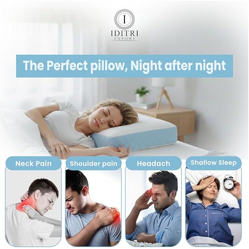 Image of Memory Foam Pillow, High Density Cervical Support for Neck Pain, 50x30x6 cm, Luxury Breathable Outer Cover, Orthopedic Bedding for Side Sleeper, Aligned Spine, White /Sky Cushion Unit