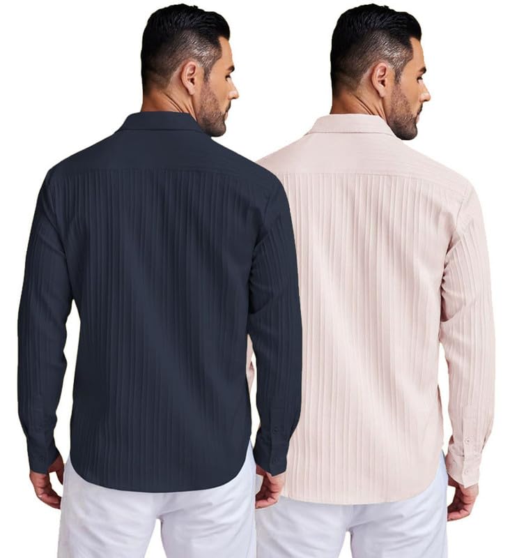 Image of DEELMO Combo of Men's Casual Button Down Shirts Long Sleeve Linen Shirt Fashion Textured Summer Shirts Pack of 2