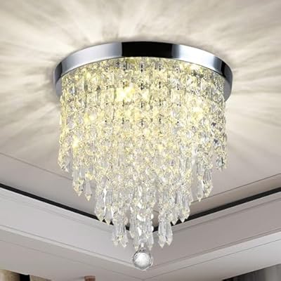 Depuley 3 Lights Crystal Chandelier Light Fixture, Mini Crystal Flush Mount Ceiling Light, H 9.4'' x W 9.8'' Modern Crystal Pendant Ceiling Lamp for Bedroom, Hallway, Bar Lighting (Bulbs Not Included)