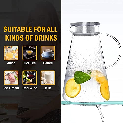 Image of 1.8 Litre Glass Jug for Water with Lid | Borosilicate Glass Jug for Kitchen Storage Hot and Cold Water, Juice, Tea, Milk, Coffee with Handle | Glass Jug with Airtight Stainless Steel Lid (1800 ml, Pack of 1)