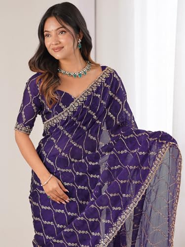 Image of AKHILAM Women's Shimmer Chiffon Heavy Sequence Embroidery Work Saree With Unstitched Blouse Piece (VT798A VM Parent)