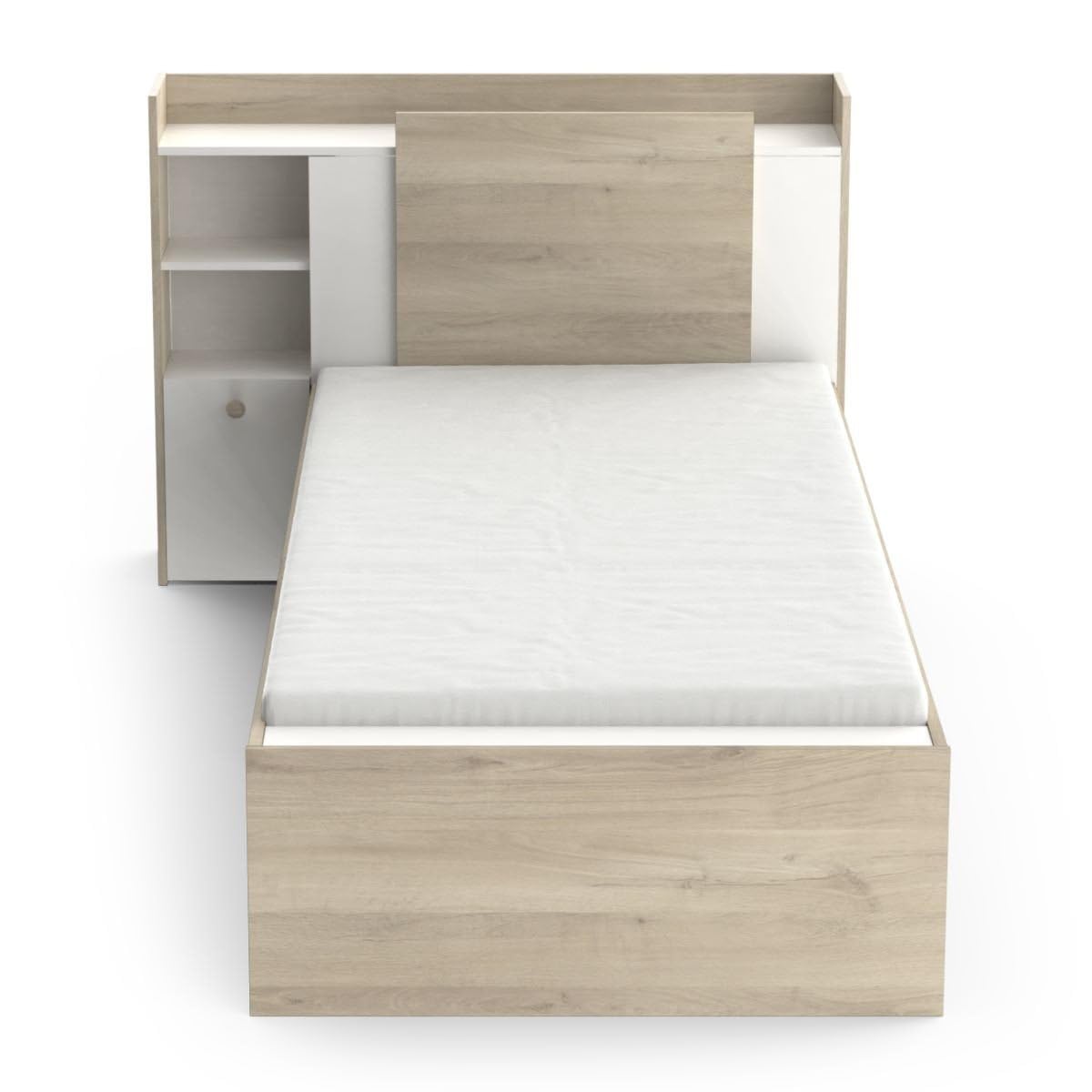 Demeyere Letto Componibile 90 x 190/200 con Contenitore 1 Anta 3 Nicchie 1 Cassetto, Bianco Opaco e Rovere Chiaro, 124.5 x 226.9 x 90.5 cm