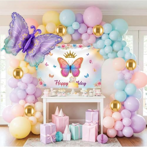 Image of SpecialYou.in Rubber Butterfly Theme Birthday Decoration Kit For Baby Girl, Pastel Balloons Decoration Kit With Multicolor Backdrop, Birthday Decor Items For Kids' Party- 59 Pcs