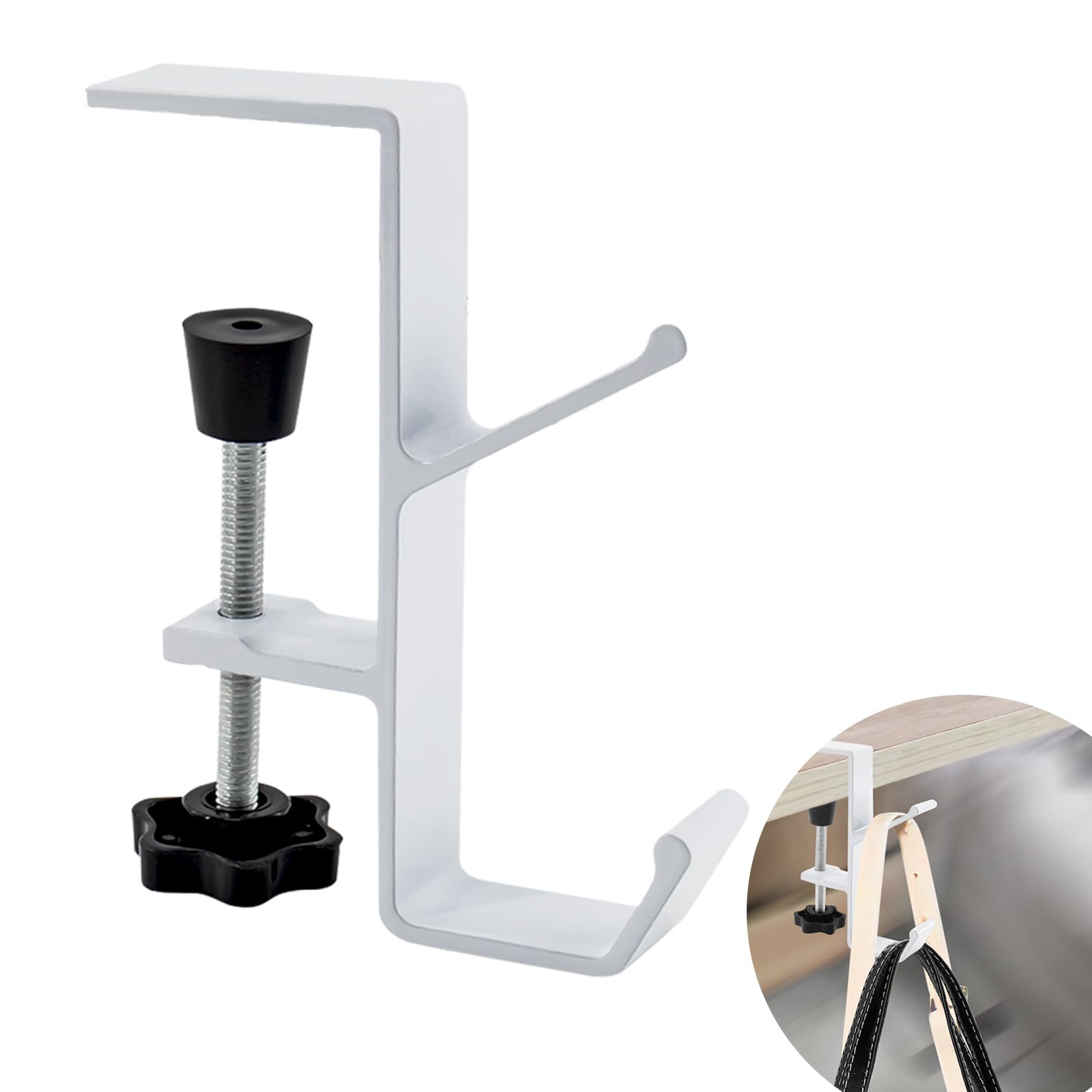 Clamp-On Desk Mount Bag Holder Hook for Students' and Women's Purses With Adjustable Arm - Portable Backpack, Handbag, and Headphones Organizer for Tables - Heavy Duty Hanger