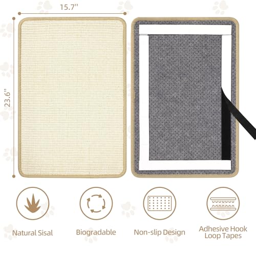Image of Graciadeco White Cat Scratching Mat Sisal, 2 Packs Sisal Fabric Large Cat Scratching Pad for Indoor Cats with Adhesive Hook Loop Tape, Wall Scratchers for Indoor Cats 23.6 inch x 15.7 inch