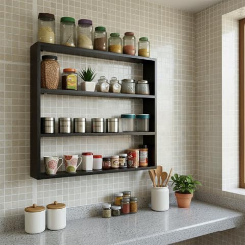 Storage Shelf for Wall, Rusti Wood Kitchen Rack Organizer for Spices, Jars | Wall-Mounted Wooden Kitchen Organizer Rack Shelf Multipurpose Utensil Stand-image-0