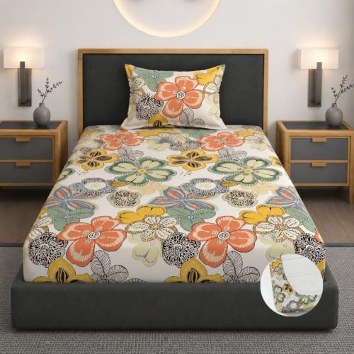 Image of Vaini Premium Heavy Cotton Elastic Fitted Bedsheets with 1 King Size Pillow Covers || Single Bed with All Around Elastic 350 TC || 36 x 78 x 6 Inch Single Size Fitted || :- Cream Big Flower